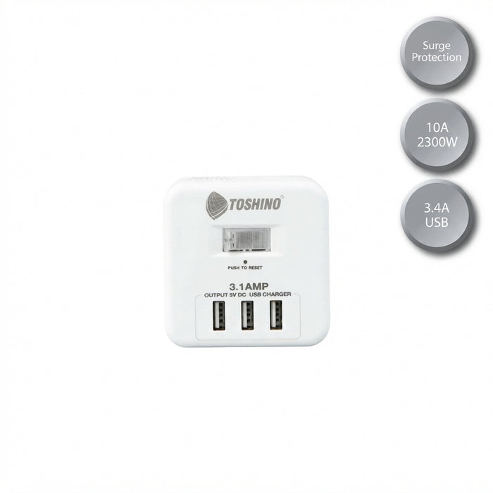 TOSHINO TIS PLUG 4 WAY 1 SWITCH +3USB 3.1A 2M.  CU-43USB WHITE