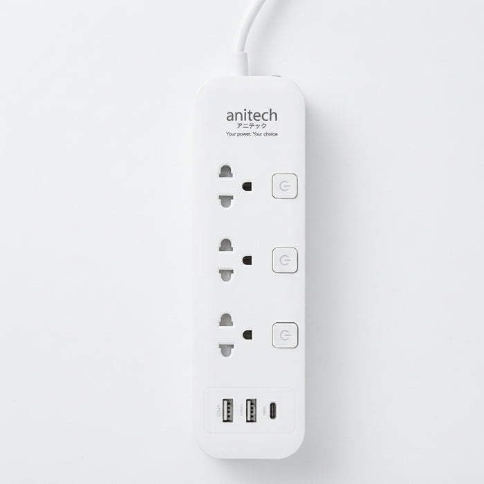 ANITECH TIS PLUG 3 WAY 3 SWITCH 2XUSB-A 1XUSB-C 3M H5333 WHITE