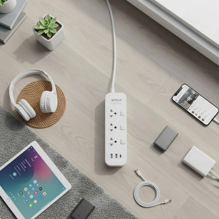 ANITECH TIS PLUG 3 WAY 3 SWITCH 2XUSB-A 1XUSB-C 3M H5333 WHITE