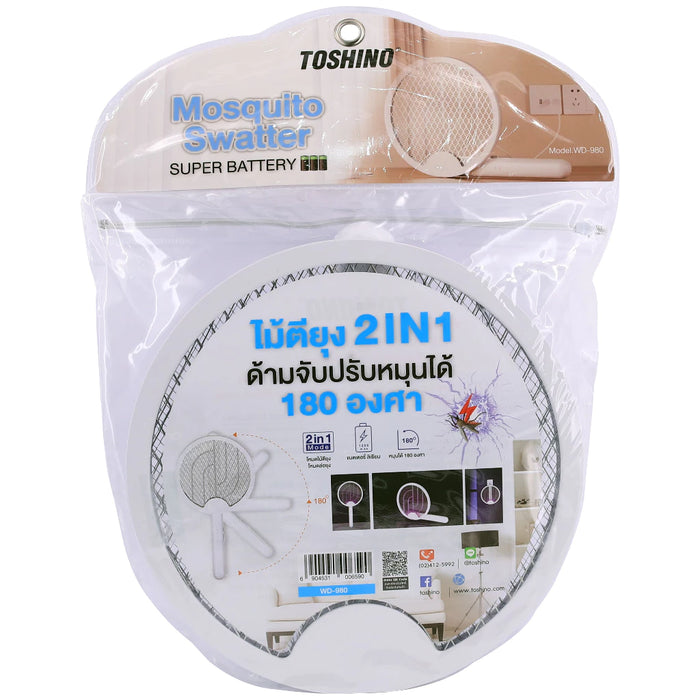 TOSHINO RECHARGEABLEMOSQUITOSWATTER2IN1ROTATABLE WHITE WD-980